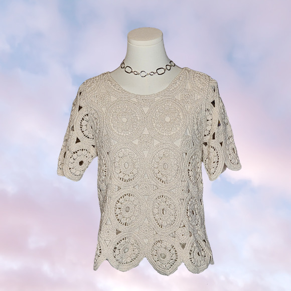 Vintage Tops - Vtg 90s Y2k Design History Crochet Knit Boho Hippie Cotton Simple Cream Top Sz M